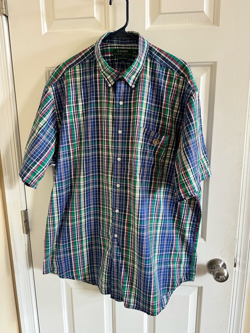 Lauren Ralph Lauren Plaid Short-Sleeve Button-Down Shirt Crest Vintage Preppy XL
